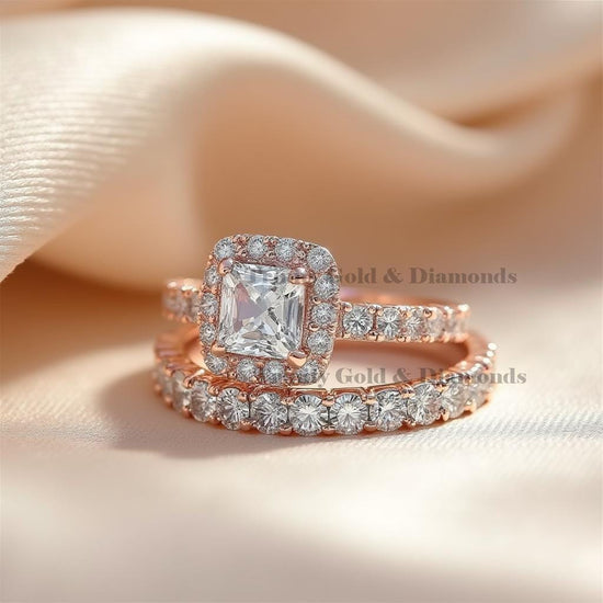 Princess Cut Halo Bridal Ring Set for Women, Rose Gold Wedding Engagement Ring, Handmade Moissanite Ring Set, Sparkling Gift Jewelry