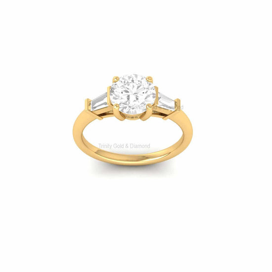 Three Stone Lab Grown Diamond Ring in 14KT Solid Gold Plated | Round and Baguette Cut Handmade Engagement Ring | Ethical Wedding Jewelry