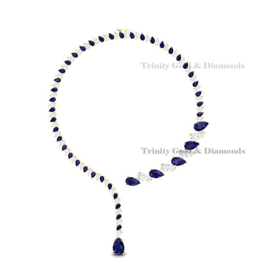 Statement Sapphire Blue Teardrop Bridal Necklace in 925 Sterling Silver | Elegant Wedding Jewelry Gift for Her | Tear Drop Lariat Necklace