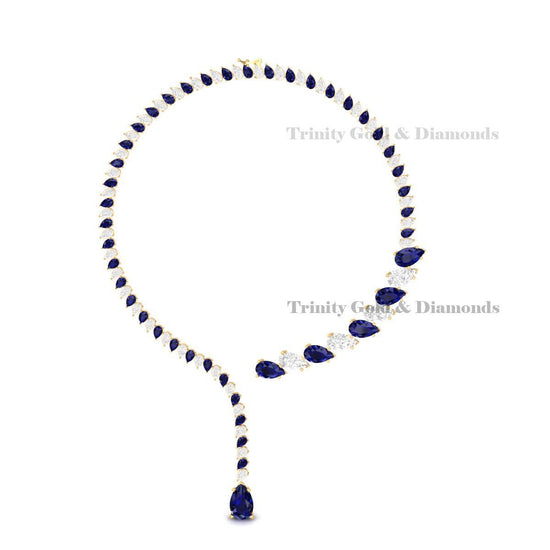 Statement Sapphire Blue Teardrop Bridal Necklace in 925 Sterling Silver | Elegant Wedding Jewelry Gift for Her | Tear Drop Lariat Necklace