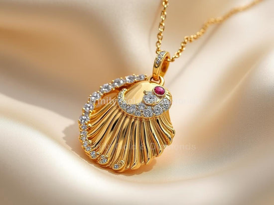 Gold Shell Pendant with Diamond Crescent & Ruby Accent, Handmade Ocean Jewelry, 18K Gold Plated 925 Silver Necklace, Sea Charm Gift