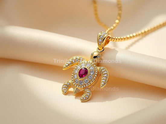 Gold Turtle Pendant with Ruby & Diamond , Handmade Ocean Animal Necklace, 18K Gold Plated 925 Silver, Sea Life Gift Jewelry