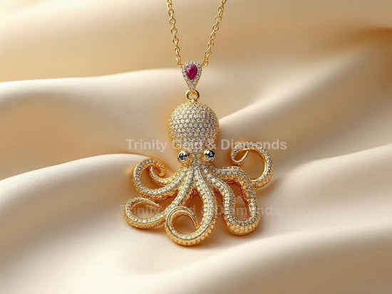 Gold Octopus Pendant Necklace, Moissanite Pave Nautical Jewelry Gift, Handmade Ocean Octopus Charm with Black & Ruby Eyes,
