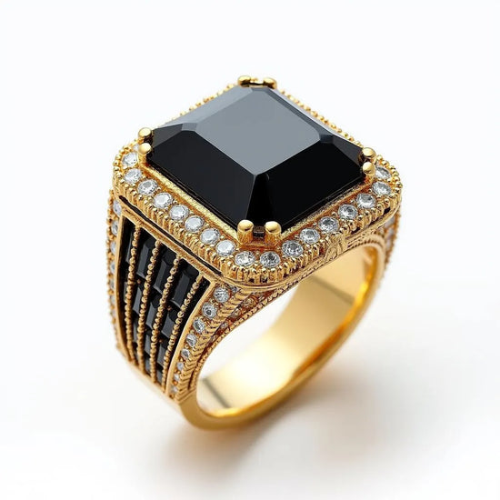 Men’s Black Onyx Statement Ring, Vintage Gold Ring with Diamond Accents, Gothic Engagement Ring, Bold Ring for Him