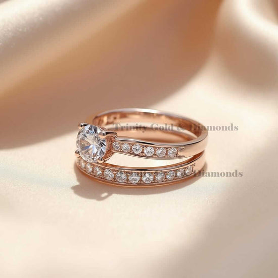 Round Moissanite Solitaire Bridal Set in Rose Gold, Split Shank Wedding Engagement Ring Set, Dainty Two Piece Ring Set, Handmade Jewelry