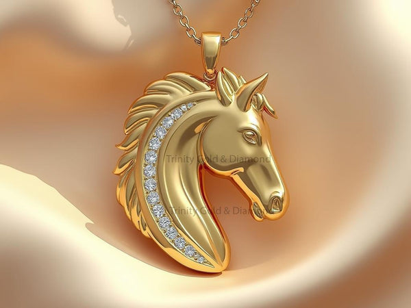 Gold Horse Head Pendant Necklace with Diamond Mane, 14K Gold Plated Sterling Silver, Equestrian Jewelry Gift, Handmade Animal Charm