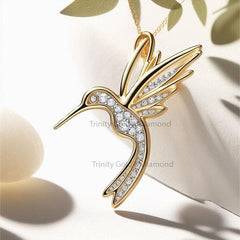 Hummingbird Pendant Necklace with Moissanite, 14k Gold Over 925 Sterling Silver, Bird Jewelry Gift for Her, Nature Inspired Necklace