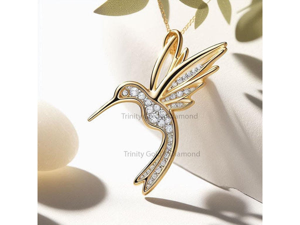 Hummingbird Pendant Necklace with Moissanite, 14k Gold Over 925 Sterling Silver, Bird Jewelry Gift for Her, Nature Inspired Necklace