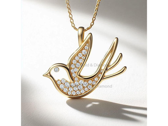 Flying Bird Pendant Necklace with Moissanite, 14k Gold Over 925 Silver, Peace Bird Jewelry Gift for Her, Handmade Nature Necklace