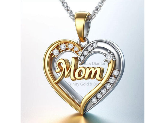 Mom Pendant Necklace with Moissanite, Two-Tone Heart Design in 14k Gold  Over 925 Silver, Mother’s Jewelry Gift