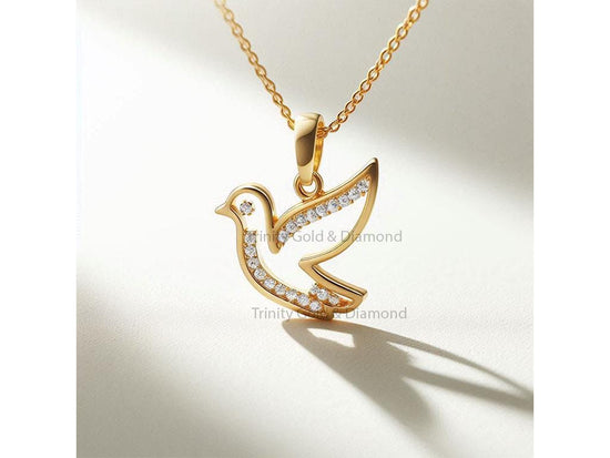 Dove Bird Pendant Necklace with Moissanite, 14k Gold Over 925 Silver, Peace Bird Jewelry Gift for Her, Symbolic Nature Charm