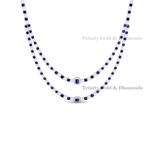 Double Layer Blue Sapphire Diamond Tennis Necklace, Bridal Choker Necklace, Lab Grown Gemstone Jewelry, Gift for Her