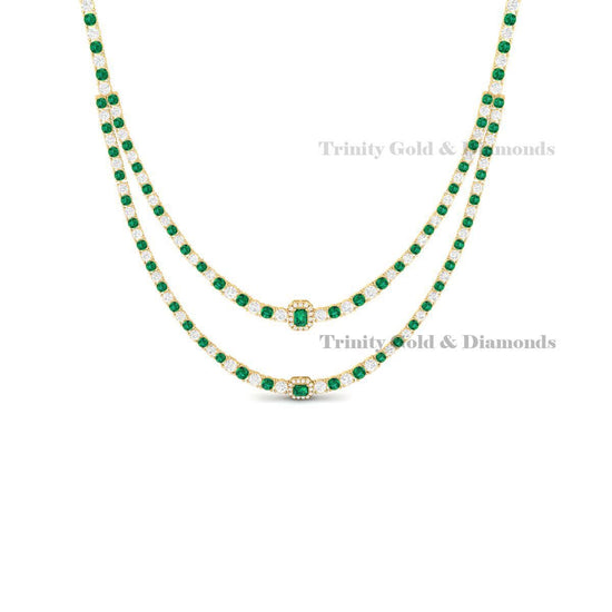 Double Layer Emerald Diamond Tennis Necklace, Bridal Layered Choker, 14k Gold Finish Sterling Silver, Handmade Gift for Her