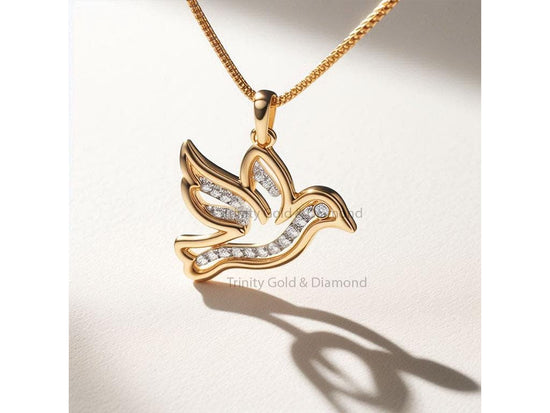 Dove Bird Pendant Necklace with Moissanite Diamonds, 925 Sterling Silver with Gold Finish, Peace Jewelry Gift for Her