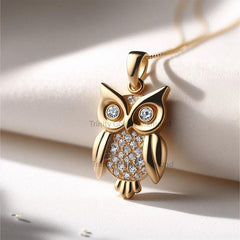 Owl Pendant with Lab Grown Diamonds, 925 Sterling Silver Gold Plated Necklace, Animal Jewelry for Women, Gift for Her
