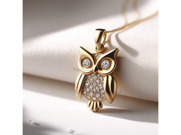 Owl Pendant with Lab Grown Diamonds, 925 Sterling Silver Gold Plated Necklace, Animal Jewelry for Women, Gift for Her