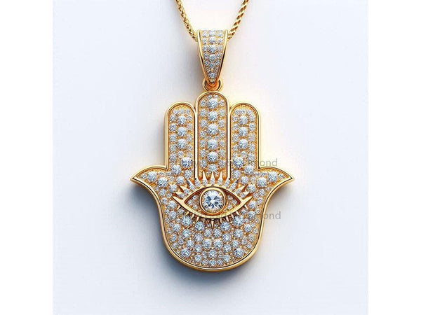 Lab Grown Diamond Hamsa Hand Pendant Necklace, 925 Sterling Silver Evil Eye Amulet Charm Gift for Her, Protective Sacred hand necklace