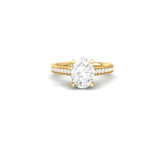Oval Cut Lab Grown Diamond Engagement Ring | Gold Finish Solitaire Ring with Pave Band | Bridal Ring for Her | Elegant Proposal Ring