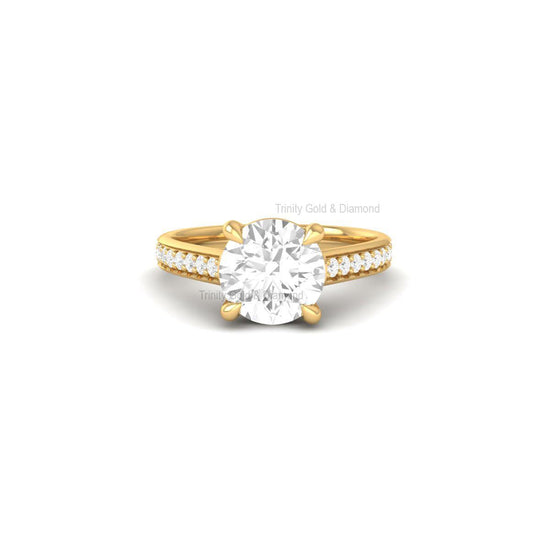 Round Lab Grown Diamond Solitaire Ring with Pavé Band in 14KT Solid Gold | Ethical Engagement Ring | Handmade Jewelry