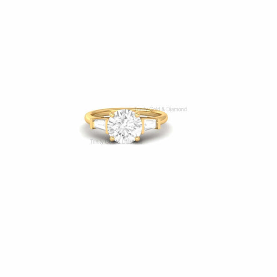 Three Stone Lab Grown Diamond Ring in 14KT Solid Gold Plated | Round and Baguette Cut Handmade Engagement Ring | Ethical Wedding Jewelry