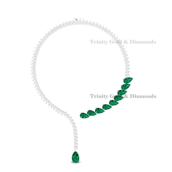 Emerald Green Asymmetrical Drop Necklace in 925 Sterling Silver | Pear Shape Statement Bridal Necklace | Elegant Wedding Jewelry Gift