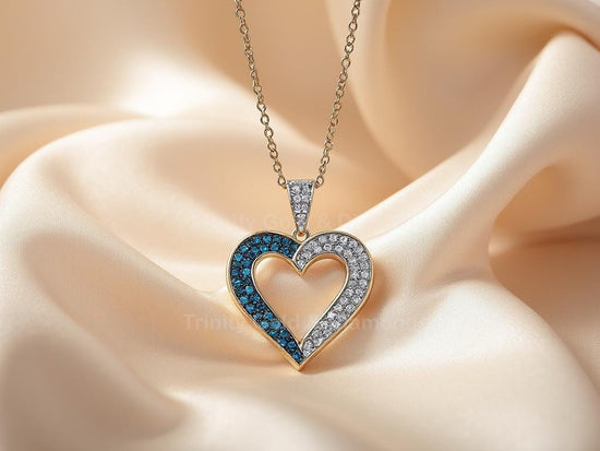 Blue and White Lab Grown Diamond Heart Pendant Necklace in 925 Sterling Silver | Split Open Heart Jewelry Gift for Her