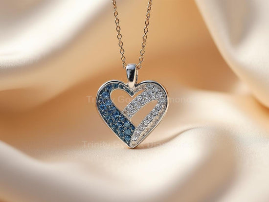 Blue & White Lab Grown Diamond Heart Pendant in 925 Sterling Silver | Striped Heart Necklace for Women