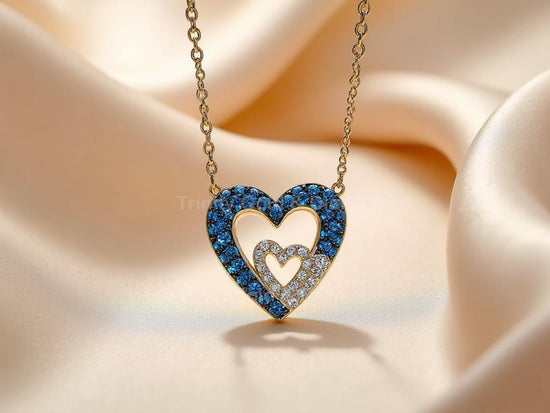Double Heart Pendant Necklace in 925 Sterling Silver with Blue & Lab Grown Diamonds, love necklace , anniversary gift, dual heart charm,
