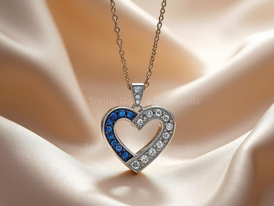 Open Heart Pendant Necklace with Lab Grown Diamonds in 925 Sterling Silver, women’s romantic jewelry, bridal necklace, sapphire accent heart