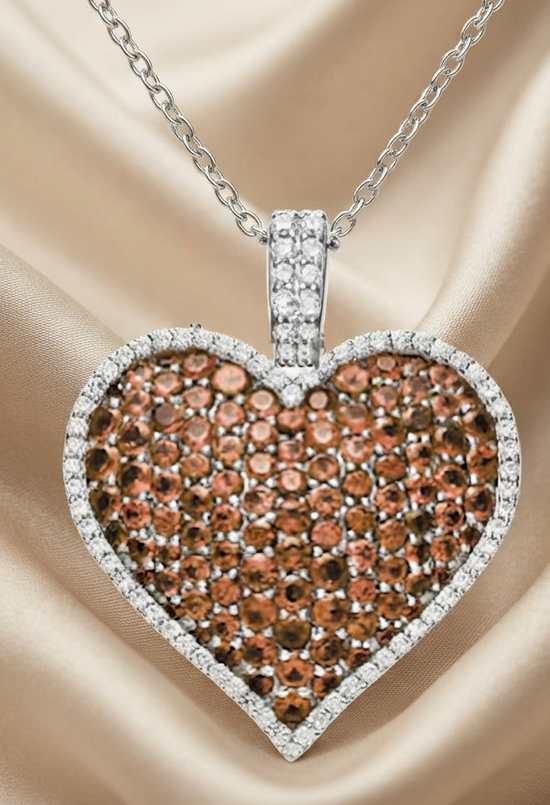 Brown Gemstone, Moissanite Diamond Heart Necklace, 14kt gold Over Silver, Big Heart Pendant, Gemstone Heart Pendant,  Perfect Gift for Women