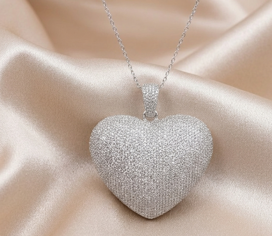 50.0MM Big Heart Pendant Necklace • Moissanite Pave Heart Pendant • Puffed Diamond Heart Pendant,  Heart Gift for Valentines day