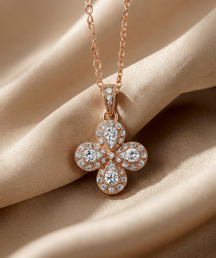 A rose gold four-petal flower pendant necklace encrusted with clear gemstones, resting on draped champagne-colored satin fabric.