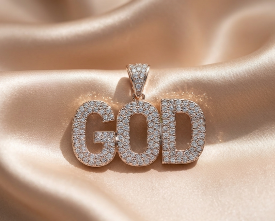 GOD Letter Pendant for Men, Iced Out CZ Charm in Gold Finish, Religious Hip Hop Jewelry, Bling Faith Necklace Gift for Him