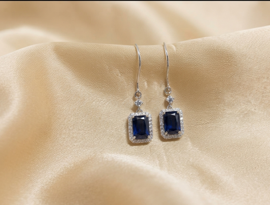 Sapphire Dangle Earrings • Emerald Cut Blue Sapphire and White Moissanite Diamond Earring For Women • Wedding Anniversary Gift • Wire Earr