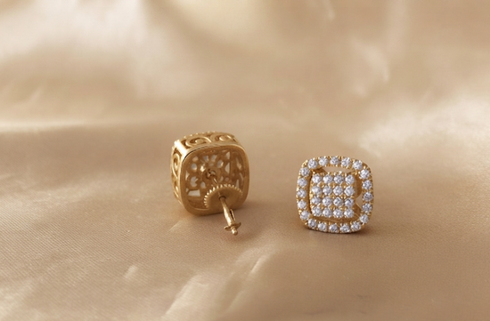 Stud Earrings • Moissanite Diamond Square Stud Earring for Women • Halo Stud Earrings with Screw Back • Anniversary Gift for Her • 16.0mm