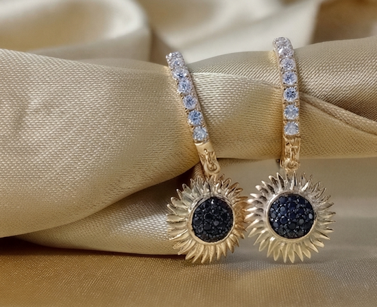 Sunflower Earrings • Diamond Flower Cluster Dangle Earrings • Wedding & Engagement Earrings • Statement Earrings • Black Stone Earrings