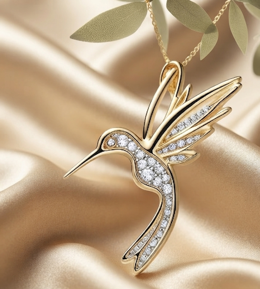 Gold-toned hummingbird pendant necklace with clear pavé stones, hanging from a delicate chain against a champagne satin backdrop with soft green leaves.