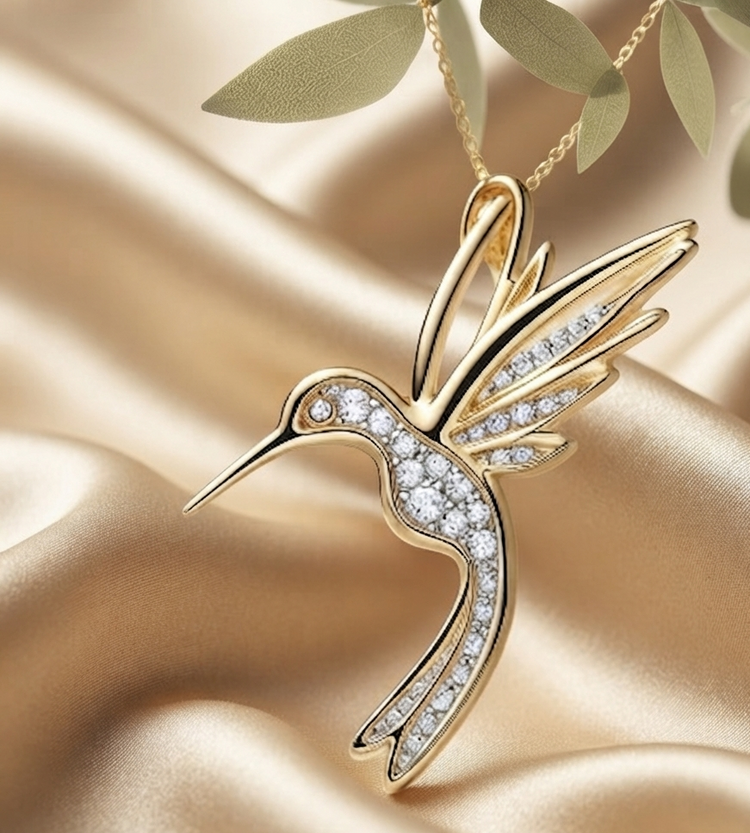 Gold-toned hummingbird pendant necklace with clear pavé stones, hanging from a delicate chain against a champagne satin backdrop with soft green leaves.