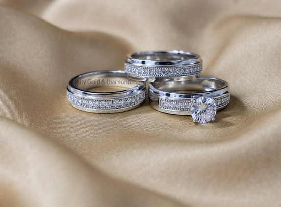 Solitaire Moissanite Trio Bridal Set • Engagement Ring Set of 3 Rings • Wedding Trio Set Couple Bands • Perfect Anniversary Gift for Him/Her