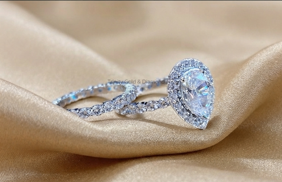 Pear Cut Halo Bridal Ring Set, White Gold Plated CZ Engagement & Wedding Band, Teardrop Solitaire Ring for Her