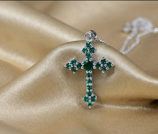 Handmade Cross Pendant • Green Emerald Gemstone Cross Pendant Necklace for Women •  Perfect Christmas Gift • Dainty Cross Pendant