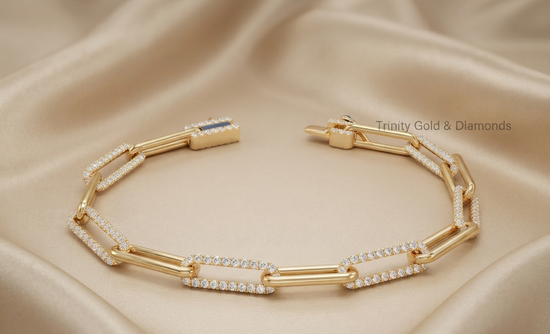 Paper Clip Link Bracelet For Women • 14KT Yellow Gold Over 925 Sterling Silver • Perfect Gift For Women • Size-5-12 Inches •