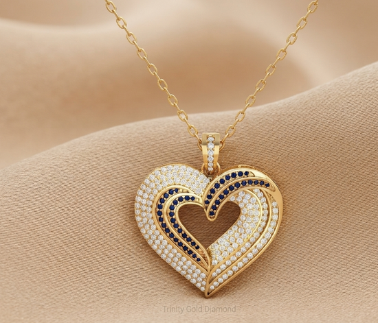 Gold Heart Pendant Necklace, Double Heart Blue & White Moissanite Necklace, 14K Gold Plated Jewelry, Gift for Her, Mothers’s Day Necklace