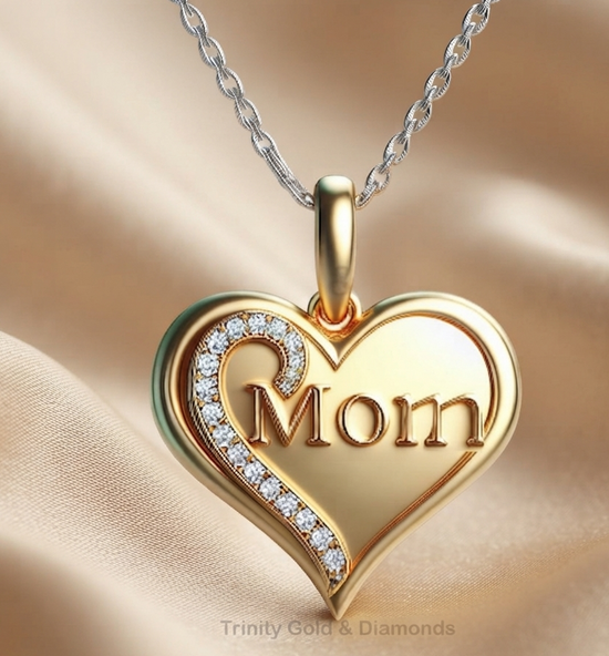 Handmade Gold Mom Heart Pendant with Curved Stone Accent, Elegant Mother’s Day Necklace Gift, Jewelry for Her