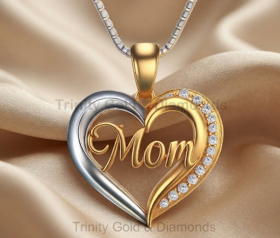 Handmade Two-Tone Mom Heart Pendant with Sparkling Accent, Elegant Mother’s Day Necklace Gift for Her