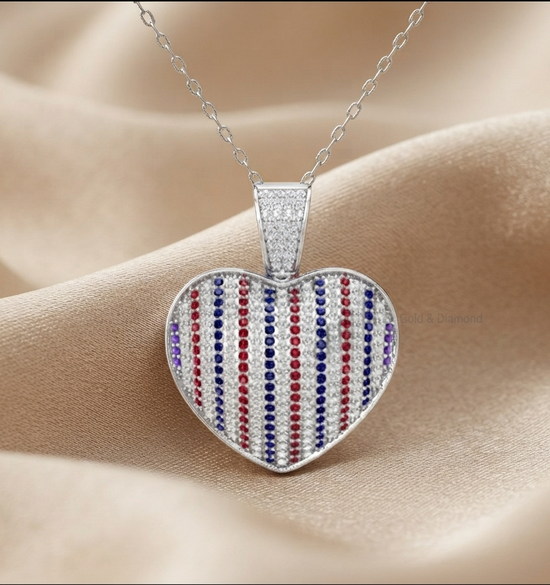 Gemstone Heart Pendant Necklace, Red White Blue Pave CZ Patriotic Necklace