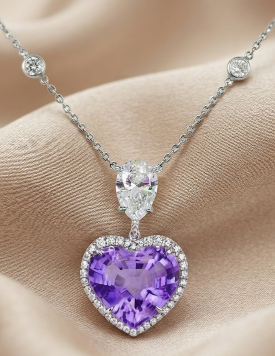 Diamond Purple Amethyst Heart Shape Necklace Pendant, Big Heart Pendant Necklace, Sterling Silver Heart Pendant, Gemstone Pendant Necklace