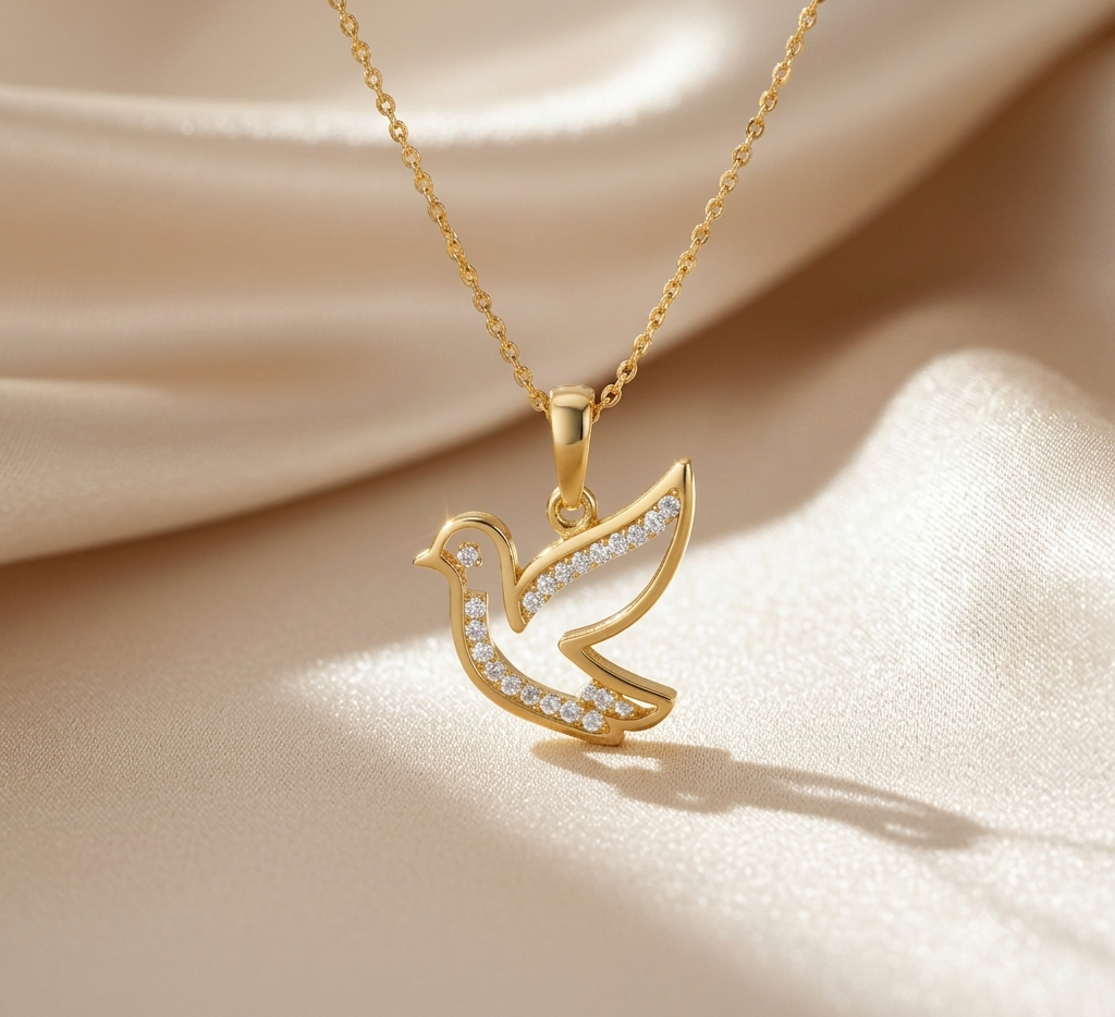 A gold pendant necklace featuring a flying dove design adorned with small clear stones, displayed on draped beige satin fabric.