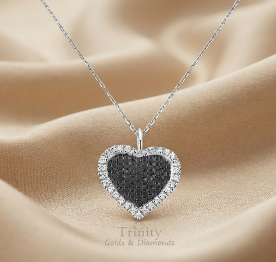 BLACK HEART NECKLACE, Black Gemstone And Moissanite Pave Heart Shape Pendant Necklace, 18 Inch cable Chain , Sterling silver Heart Necklace
