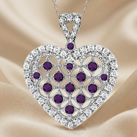 AMETHYST HEART PENDANT, Amethyst and Moissanite Heart Pendant Necklace, Amethyst Heart Necklace In sterling Silver With 14kt White Gold fN